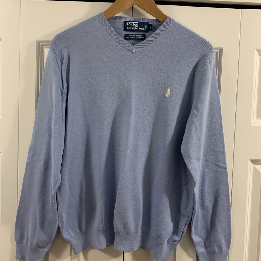 Ralph Lauren Polo Cotton V-Neck Sweater Size Large Color Light Blue